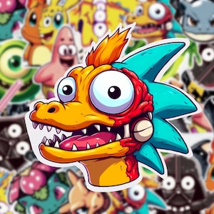 May include: A cartoon illustration of a bright yellow and red creature with a blue mohawk. The creature has a large, round, blue eye and a wide, toothy grin. The creature's head is split in half, with one side being yellow and the other side being red.