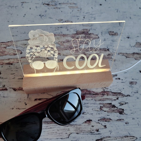 Leuchtbild: Sonnenbrillen-Mädchen messy bun "stay cool", cooles Geschenk für z.B. die beste Freundin oder eine besonders coole Socke