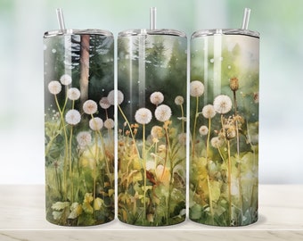 Beautiful Watercolor Dandelions In A Field 20 oz Skinny Tumbler Wrap Digital Art File For Instant Download For Use As Sublimation or Insert