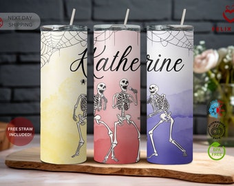Personalized Dancing Skeleton Tumbler, Spooky Halloween Mug