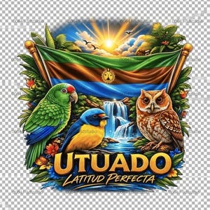 May include: A vibrant digital illustration featuring a green parrot, a blue and yellow bird, and a brown owl. A flag with brown, green, and blue stripes is displayed above a waterfall. The text "UTUADO LATITUD PERFECTA" is at the bottom.