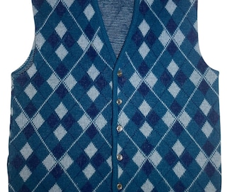 Chaleco de punto azul con estampado de rombos, tejido a mano, estilo vintage indio de los años 50 - Hombre