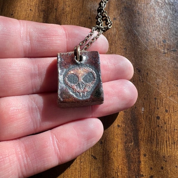 charred skull choker necklace #2 - ceramic handmade skull charm made in brown clay and brown black glaze on an upcycled chain