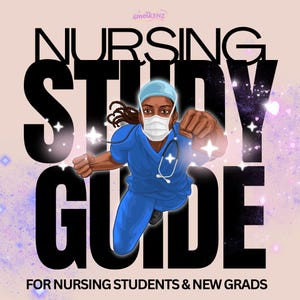 May include: A digital illustration for a nursing study guide. The image features a nurse in blue scrubs and a face mask, posed as a superhero. Large black text reads "NURSING STUDY GUIDE" with the text "FOR NURSING STUDENTS & NEW GRADS" below.