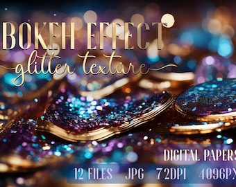 Glitter Digital Paper. Bokeh Teal Purple texture backgrounds