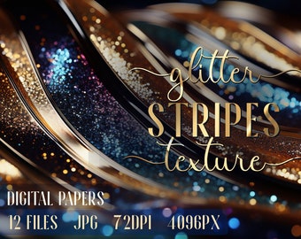 Glitter Digital Paper. Blue Gold Golden Stripes backgrounds