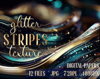Glitter Digital Paper. Golden Stripes Gold waves Emerald backgrounds