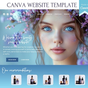 Könnte beinhalten: Eine Website-Vorlage für ein Beauty-Dienstleistungsgeschäft. Die Vorlage zeigt eine Frau mit blauen Augen und einer Blumenkrone. Der Text auf der Website lautet "Willkommen auf unserer Website für Beauty-Dienstleistungen!" und "Unsere Empfehlungen:". Es gibt fünf Produktbilder von Beauty-Produkten.