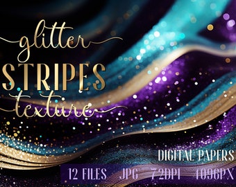 Glitter Digital Paper. Blue Gold Stripes, Violet Teal Golden Waves texture backgrounds