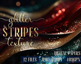 Glitter Digital Paper. Christmas Red Green Golden Stripes backgrounds