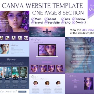 May include: A website template design with a purple and white color scheme. The template is designed for a lifestyle blog or business. The template includes sections for the main page, about, ads, review, travel, portfolio, FAQ, and contact. The template also includes a life demo link.