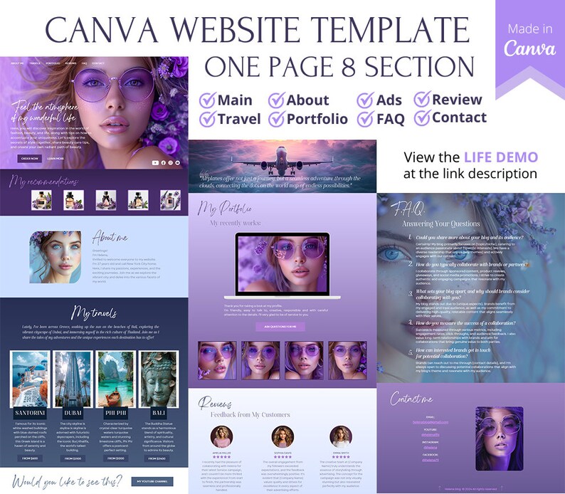 May include: A website template design with a purple and white color scheme. The template is designed for a lifestyle blog or business. The template includes sections for the main page, about, ads, review, travel, portfolio, FAQ, and contact. The template also includes a life demo link.