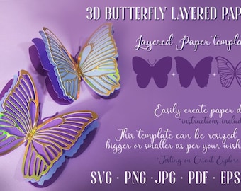 3D Butterfly layered paper SVG. Paper butterfly template
