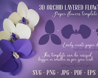 3D Orchid layered flower SVG PNG. Paper flowers template
