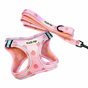 May include: Pink dog harness and leash set with a peach print and the text "Peach Pup".