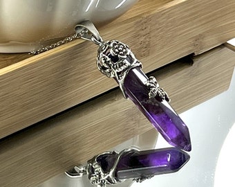 Necklace Crystal, Point Necklace,Crystal Necklace For Women,Healing Crystal Necklace,Rose Quartz/Amethyst/Worry Stone, Necklace,For Gift.