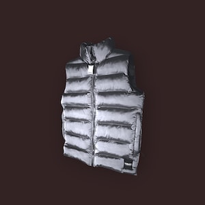 Puede incluir: Un chaleco acolchado plateado con cierre de cremallera y una etiqueta negra que dice "TRUSSARDI" en la parte inferior derecha.