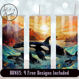 Orcas Swimming in Alaska 20 Oz Tumbler Wrap Sublimation PNG Digital Download Killer Whales DIY