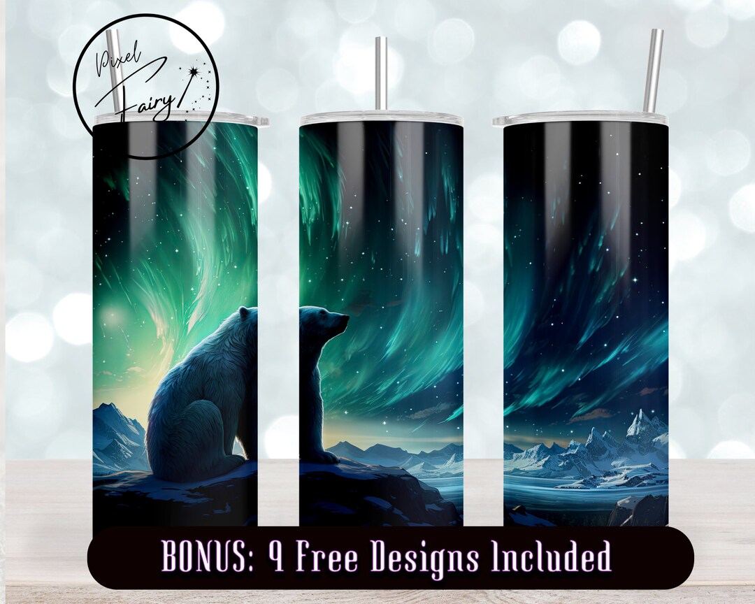 Northern Lights Polar Bear Tumbler Wrap 20 Oz Sublimation PNG Skinny ...