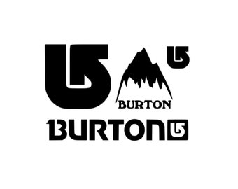 May include: A black graphic design featuring the Burton brand logo, a stylized mountain peak icon, and the word BURTON in a bold, sans-serif typeface. The composition includes multiple variations of the logo and text arranged in a clean, high-contrast layout.