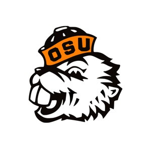 May include: A black and white cartoon beaver wearing an orange and black hat with the letters "OSU" on it.