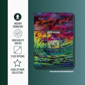 Pode incluir: Uma impressão de arte digital com um design de grade de nove painéis com padrões abstratos rodopiantes em tons de roxo, vermelho, laranja e verde. Uma carta colecionável Gengar está centrada no painel do meio. O texto inclui INSTANT DOWNLOAD, HIGH QUALITY 300 DPI, 2 SIZE OPTIONS, LEVEL UP YOUR COLLECTION e *CENTRE CARD FOR ILLUSTRATION PURPOSES ONLY.