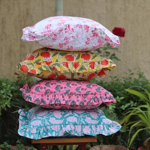 Floral Hand Block Printed Pillow Cover, Handmade Pillow Cover, Ruffled Pillow Covers, Sofa Throw Cotton Pillow Boho Home Decor Pillowcase