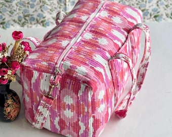 Large Cotton Quilted Green Blue Duffle Bag Shoulder Bag Weekender Bag For Women Shopping Bag Block Print Travel Bag Christmas Gift For Her