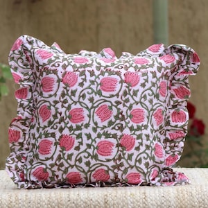 Vintage Cotton Cushion Cover Jaipuri Hand Block Print Pillow Case Rectangle Boho Pillow Cover With Lace Handmade Washable Pillow Cover/ Sham