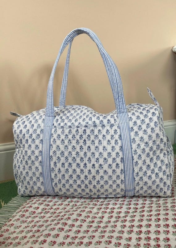 Duffle Weekender Bag, Cotton Storage Bag, Handmade Quilted Travel Bag, Block Print Standard Size Shoulder Bag, Boho Shopping Bag For Woman