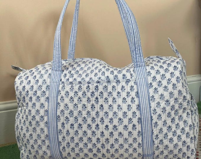 Duffle Weekender Bag, Cotton Storage Bag, Handmade Quilted Travel Bag, Block Print Standard Size Shoulder Bag, Boho Shopping Bag For Woman
