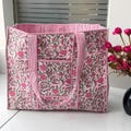 Pink Floral Handprinted Large Cotton Quilted Tote Bags | Boho Overnight Weekender Beach Tote Bags | Shopping Grocery Travel Bags for Women product logo