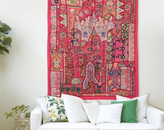 Indian Embroidered Wall Hanging Tapestry Patchwork Tapestry Vintage Sari Zari Work Patchwork Throw Decorative Tapestry Beads Runner 60"X40"