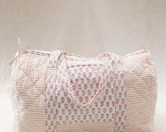 Indian Block Print Quilted Weekend Bag Personalized Gift Handmade Cotton Duffle Tote Bag Boho Shoulder Shopping Bag Custom Size Travel Bag