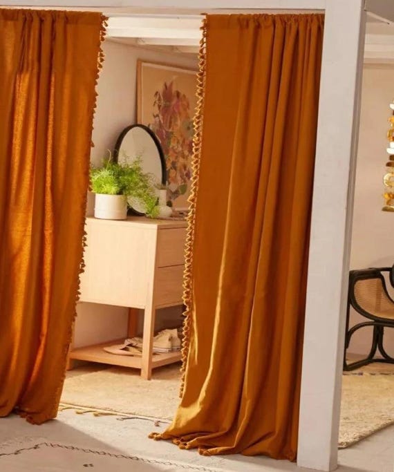 Modern Living Room Curtains, Blackout Bedroom Cotton Curtains, Boho Curtains with Tassels, Curtains for Doors, Custom Size Curtains