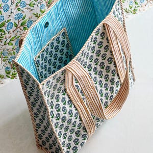 Handmade Quilted Cotton Tote Bag, Block Print Tote, Large Boho Shoulder Bag, Reversible Fabric Tote, Eco Friendly Shopping Bag