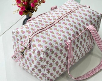 Large Cotton Quilted Duffle Bag, Shoulder Bag/Weekender Bag for Women Boho Overnight Bag, Block Print Travel Bag Valentine Day Gift for Her