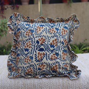 Hand Blocked Indian Cotton Handmade Pillow Cover/Cushion Cover With Frill