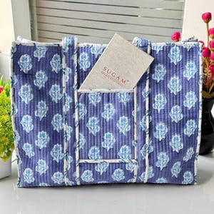 Large Blue Cotton Quilted Tote Bags Block Print Gifts Handmade Colorful Travel Night Gym Yoga Luggage Pocket Bags in All Sizes Available