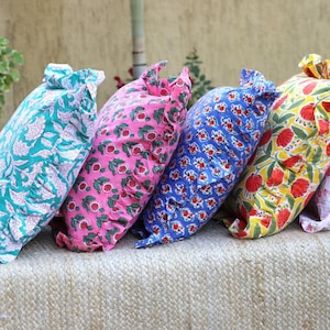 Handmade block print pillow cover with frill, bohemian pillow cushion cover, boho pillow for bed room decor, indian cotton fabric pillowcase