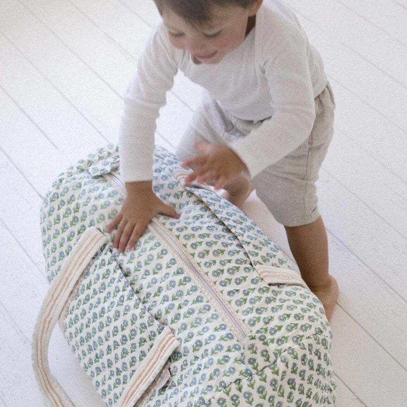 Indian Cotton Quilted Duffle Bag, Block Print Fabric Overnight Bag