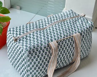 Bolsas de equipaje con estampado de bloques, bolsas de viaje acolchadas de algodón, bolsas de lona hechas a mano.
