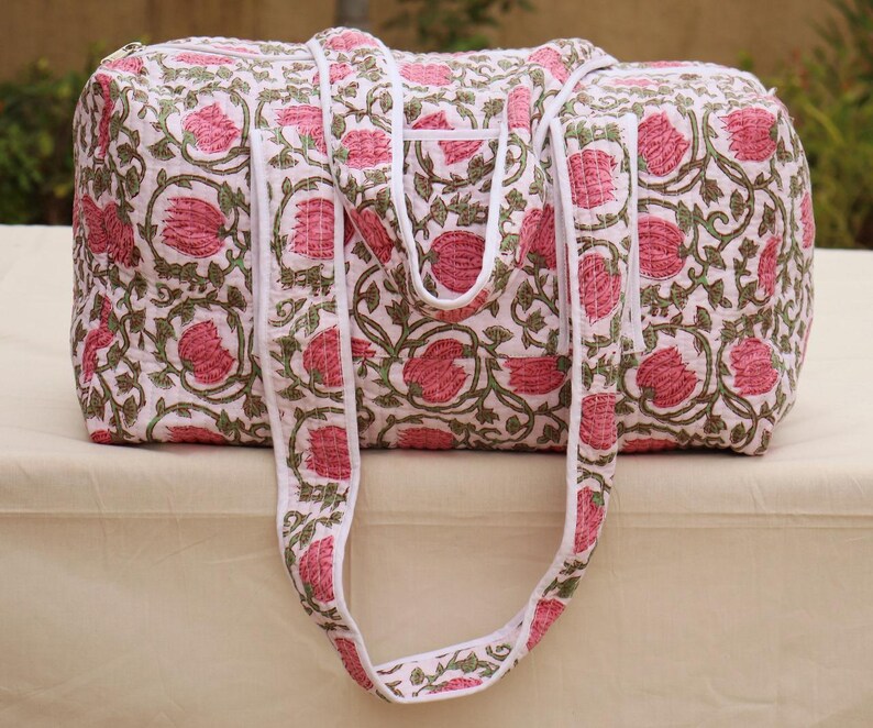 Indian Cotton Quilted Duffle Bag, Block Print Fabric Overnight Bag