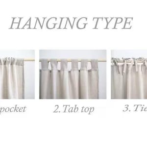 May include: Image showcasing three curtain hanging styles: rod pocket, tab top, and tie top. Each style is displayed with a light-colored curtain panel on a wooden rod. The text "HANGING TYPE" is at the top, with each style labeled below.
