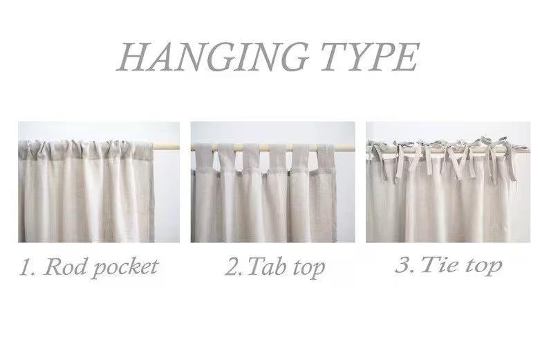 May include: Image showcasing three curtain hanging styles: rod pocket, tab top, and tie top. Each style is displayed with a light-colored curtain panel on a wooden rod. The text "HANGING TYPE" is at the top, with each style labeled below.