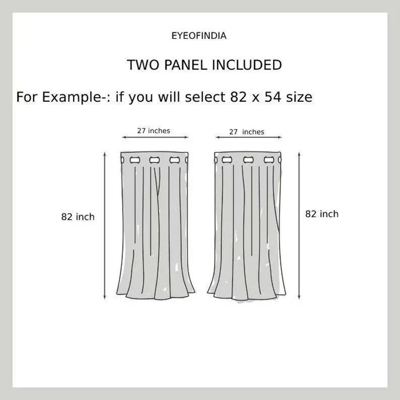 May include: Diagram of two curtain panels, each 27 inches wide, with a height of 82 inches. The text "TWO PANEL INCLUDED" and "For Example:- if you will select 82 x 54 size" are also present.