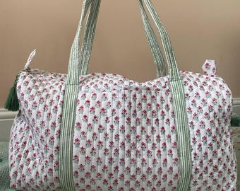 Large Cotton Quilted Duffle Bag Shoulder Bag Weekender Bag For Women Boho Overnight Bag Block Print Travel Bag Valentine Day Gift For Her