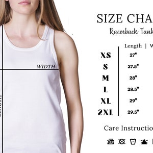 May include: Size chart for a racerback tank top with measurements in inches. Sizes include XS, S, M, L, XL, and 2XL. The chart shows the length and width of each size.