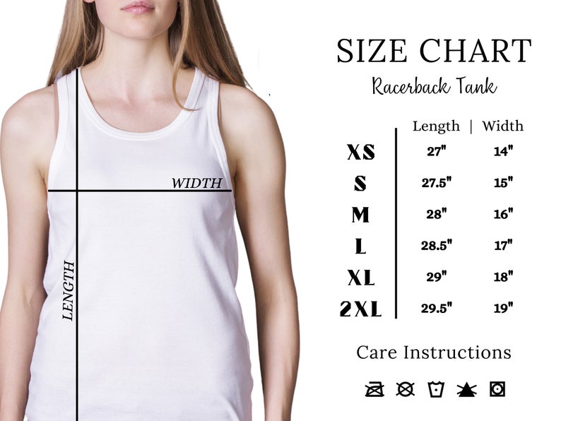 May include: Size chart for a racerback tank top with measurements in inches. Sizes include XS, S, M, L, XL, and 2XL. The chart shows the length and width of each size.