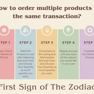 May include: A five-step guide on how to order multiple products in the same transaction. The steps are illustrated with icons and text. Step 1: Please, Check and Review all Photos. Step 2: Add First Product to cart after Selecting Size and Colour and Choose Your Quantity as much quantity you want. Step 3: Come back to the Listing and Add another Size and Colour and Choose Your Quantity as much quantity you want. Step 4: Repeat process until you have all the options you would like in your cart. Step 5: Complete the Checkout Process.